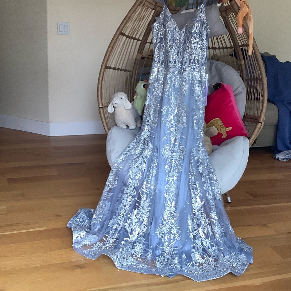 Elegant Smoky Blue Dress with Floral Patterns